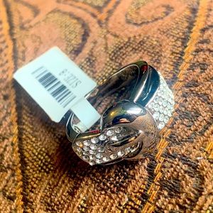 Silver and black buckle ring with rhinestones